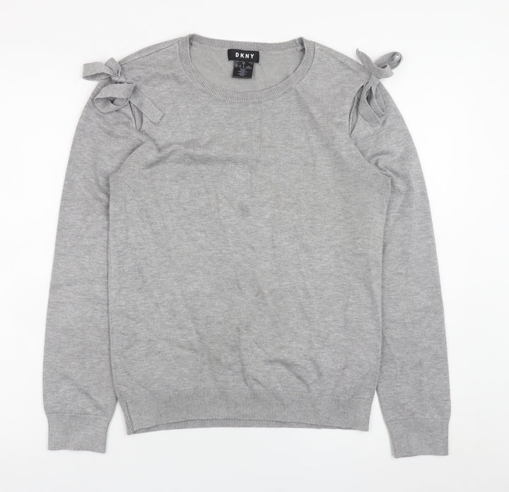 DKNY Women Grey Crew Neck Bow Sleeve Pullover Jumper Size S