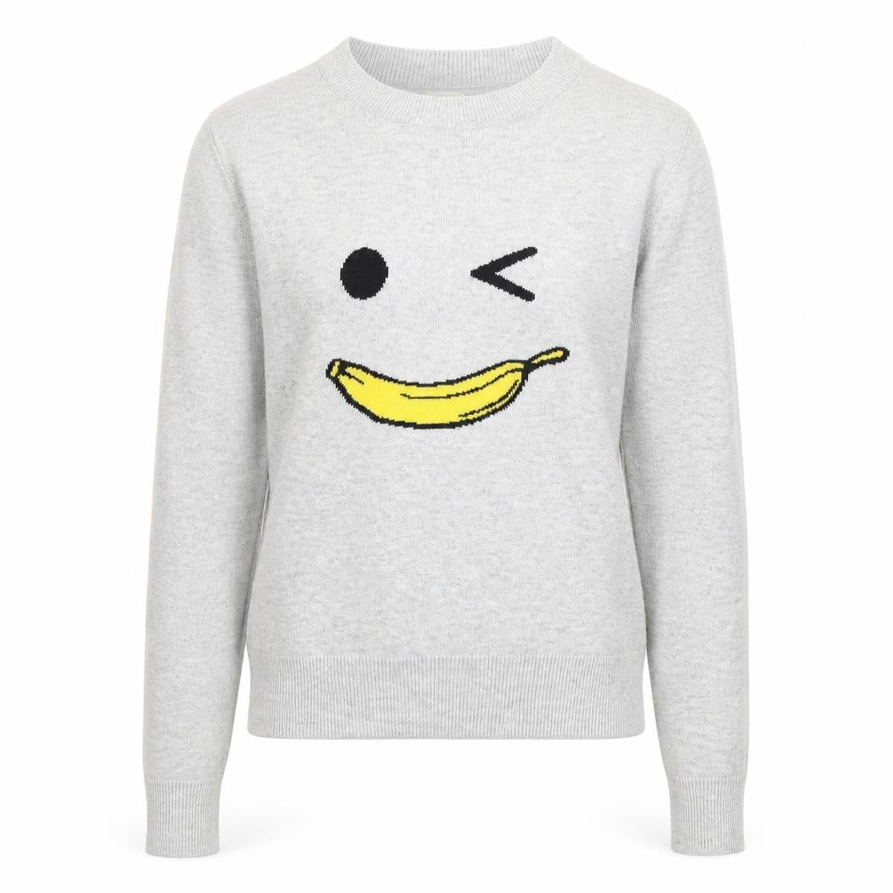 Front view of River Island Women’s Grey Funny Banana jumper, size UK 10