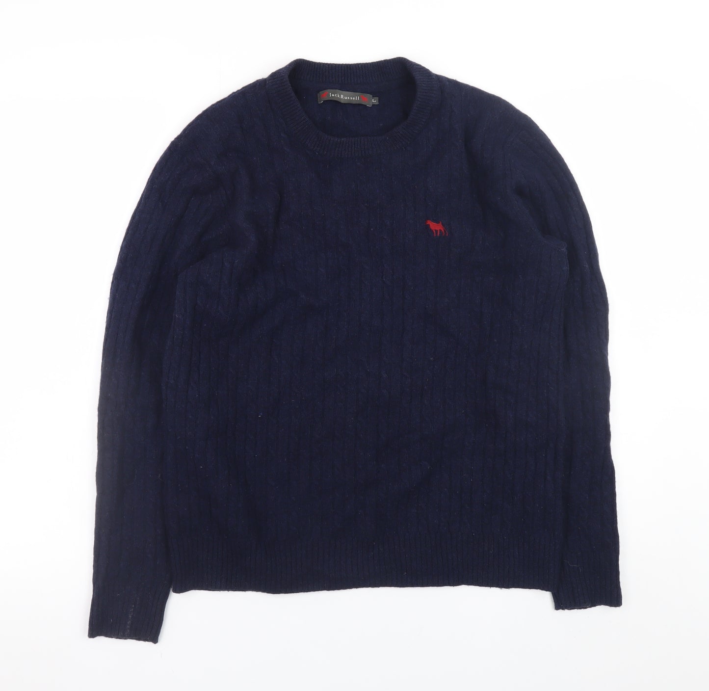 Jack Russell Men’s Blue Wool Blend Cable-Knit Crew Neck Jumper L