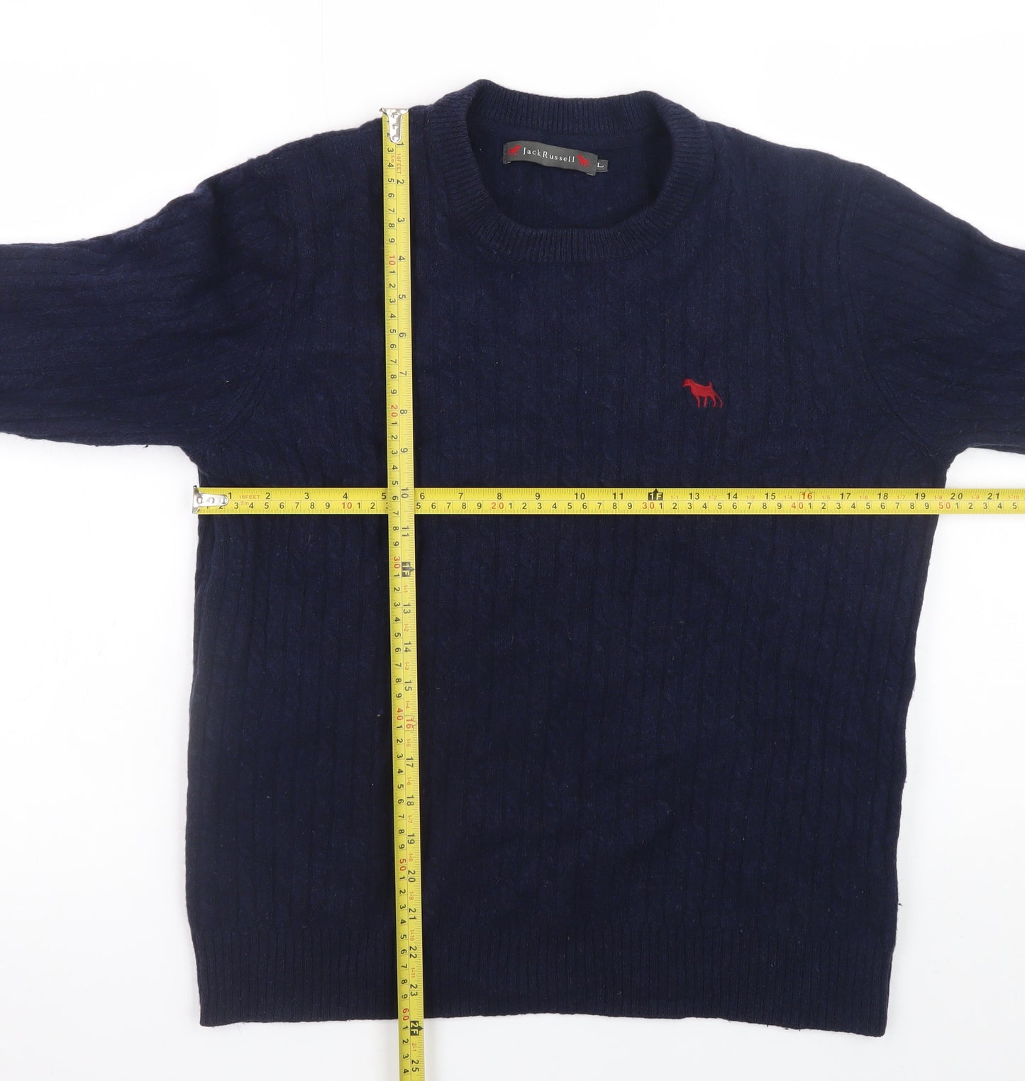 Jack Russell Men’s Blue Wool Blend Cable-Knit Crew Neck Jumper L