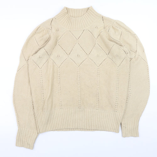 Fat Face Women Beige High Neck Puff Sleeve Knit Jumper Size 14