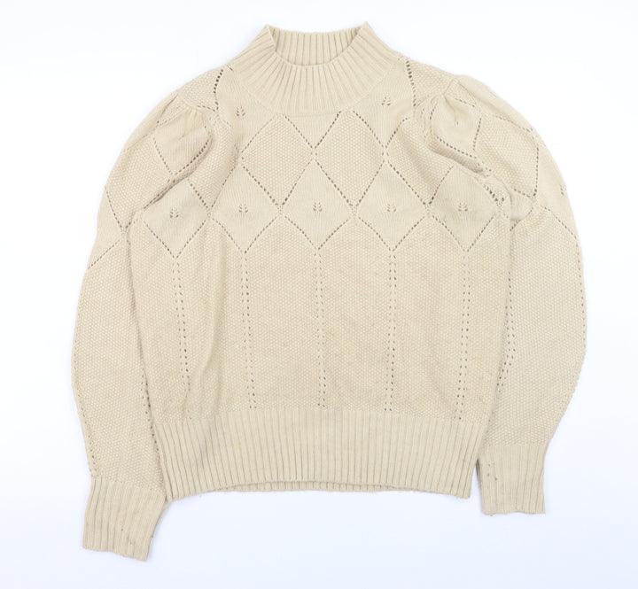 Fat Face Women Beige High Neck Puff Sleeve Knit Jumper Size 14