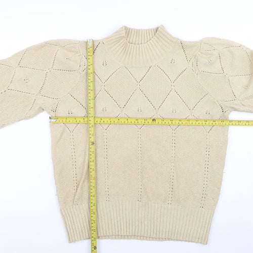 Fat Face Women Beige High Neck Puff Sleeve Knit Jumper Size 14