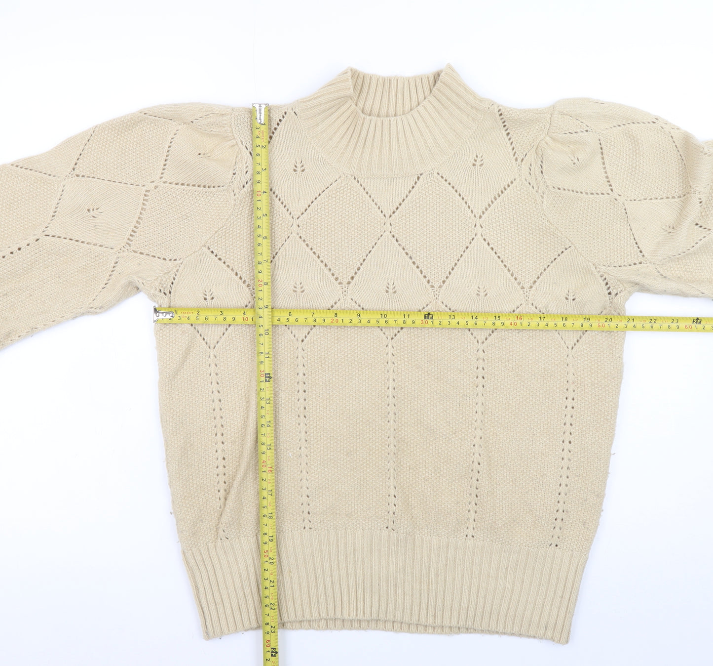 Fat Face Women Beige High Neck Puff Sleeve Knit Jumper Size 14