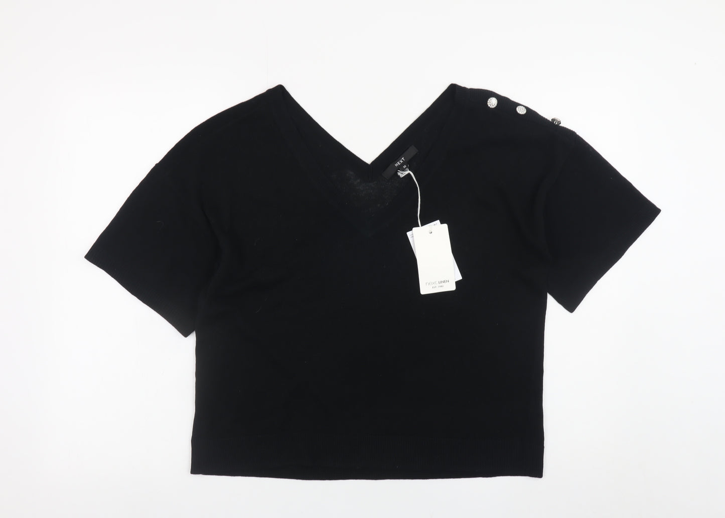 Next Womens Black V-Neck Short Sleeve Pullover Jumper Size 12