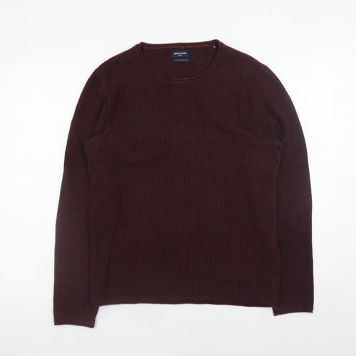 Jack & Jones Men’s Brown Waffle-Knit Cotton Crew Neck Jumper M