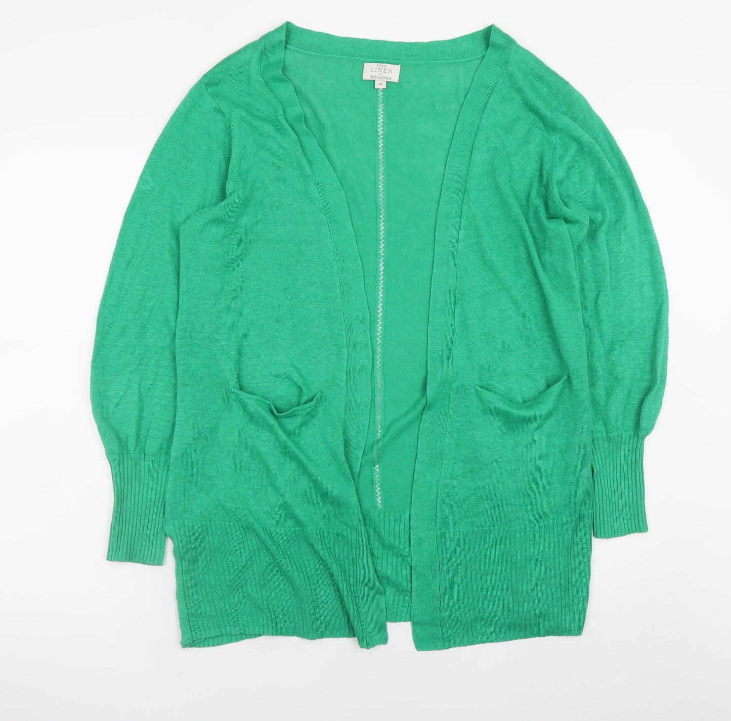 Monsoon Women’s Green Linen Cardigan M Open Front Pocket Knit