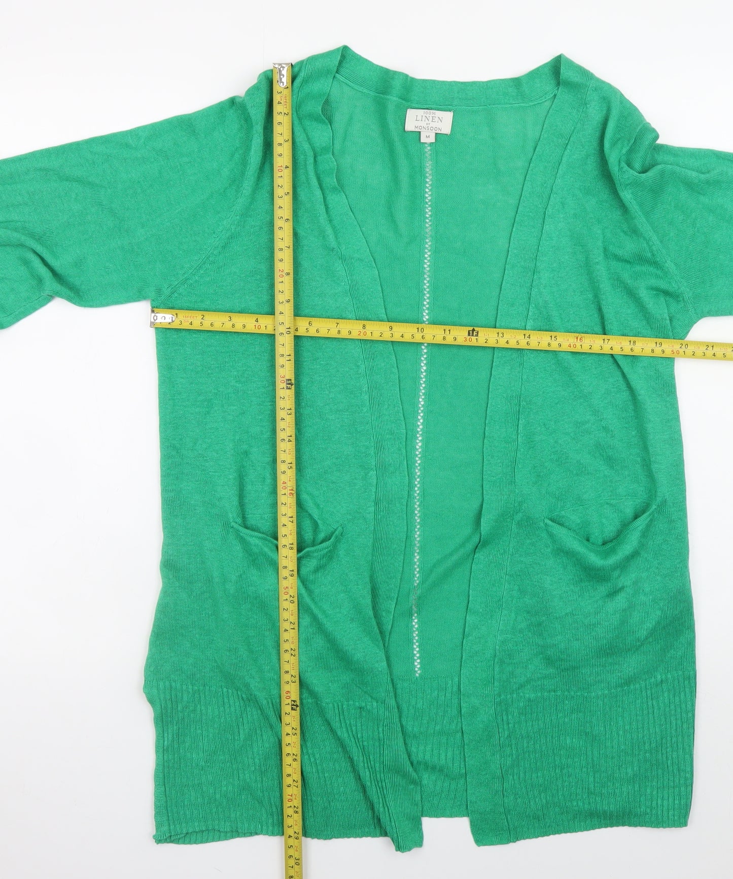 Monsoon Women’s Green Linen Cardigan M Open Front Pocket Knit