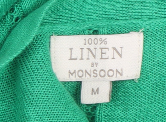 Monsoon Women’s Green Linen Cardigan M Open Front Pocket Knit