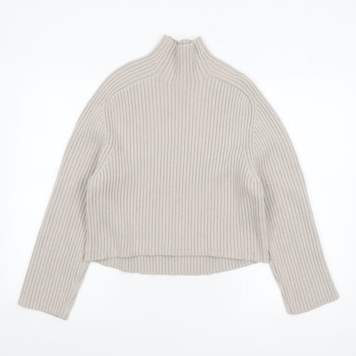 H&M Women’s Beige Ribbed Wool Blend Mock Neck Jumper XS