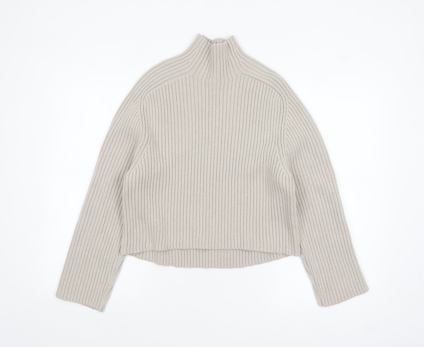 H&M Women’s Beige Ribbed Wool Blend Mock Neck Jumper XS