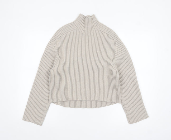 H&M Women’s Beige Ribbed Wool Blend Mock Neck Jumper XS