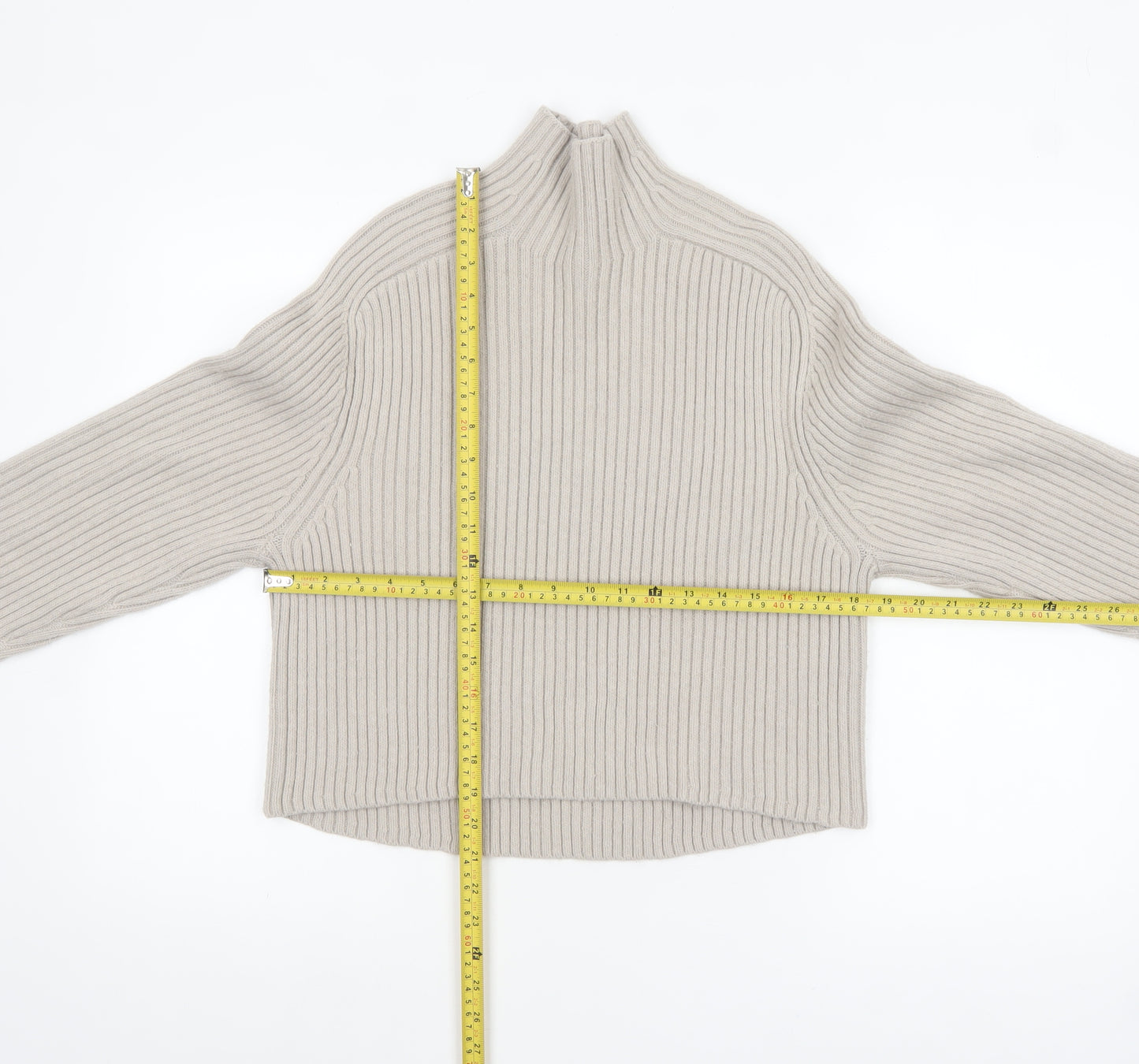 H&M Women’s Beige Ribbed Wool Blend Mock Neck Jumper XS