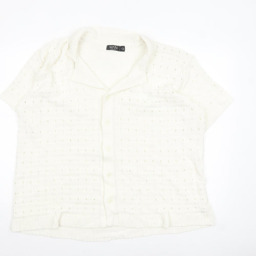 boohooMAN Men’s Ivory Short Sleeve Collared Knit Cardigan M