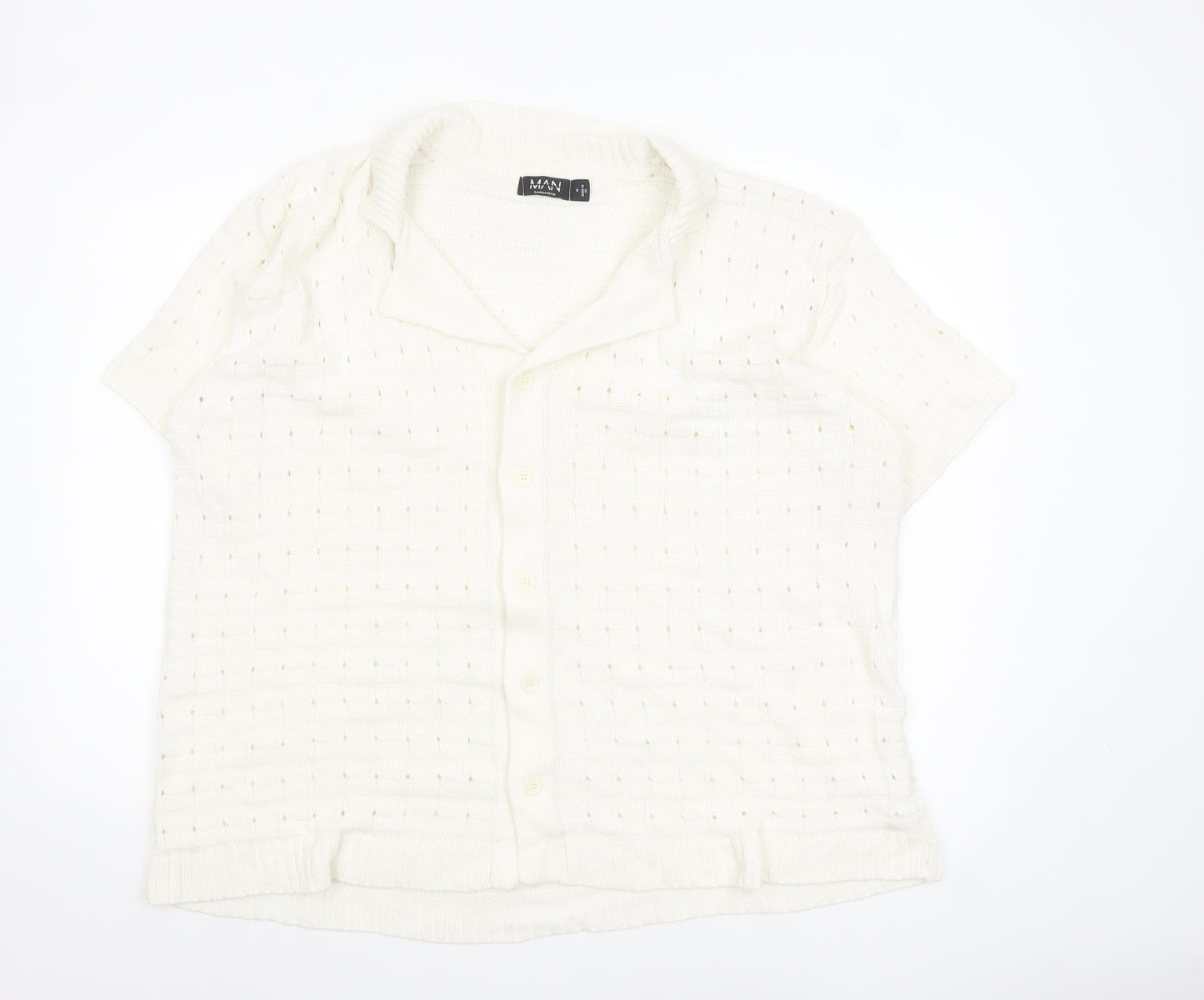 boohooMAN Men’s Ivory Short Sleeve Collared Knit Cardigan M