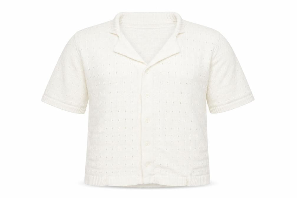 Front view of boohooMAN Men’s Ivory Short Sleeve Collared Knit Cardigan M