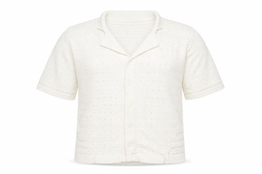 Front view of boohooMAN Men’s Ivory Short Sleeve Collared Knit Cardigan M