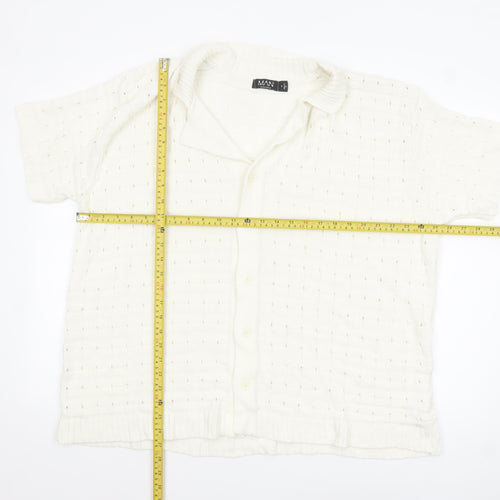 boohooMAN Men’s Ivory Short Sleeve Collared Knit Cardigan M