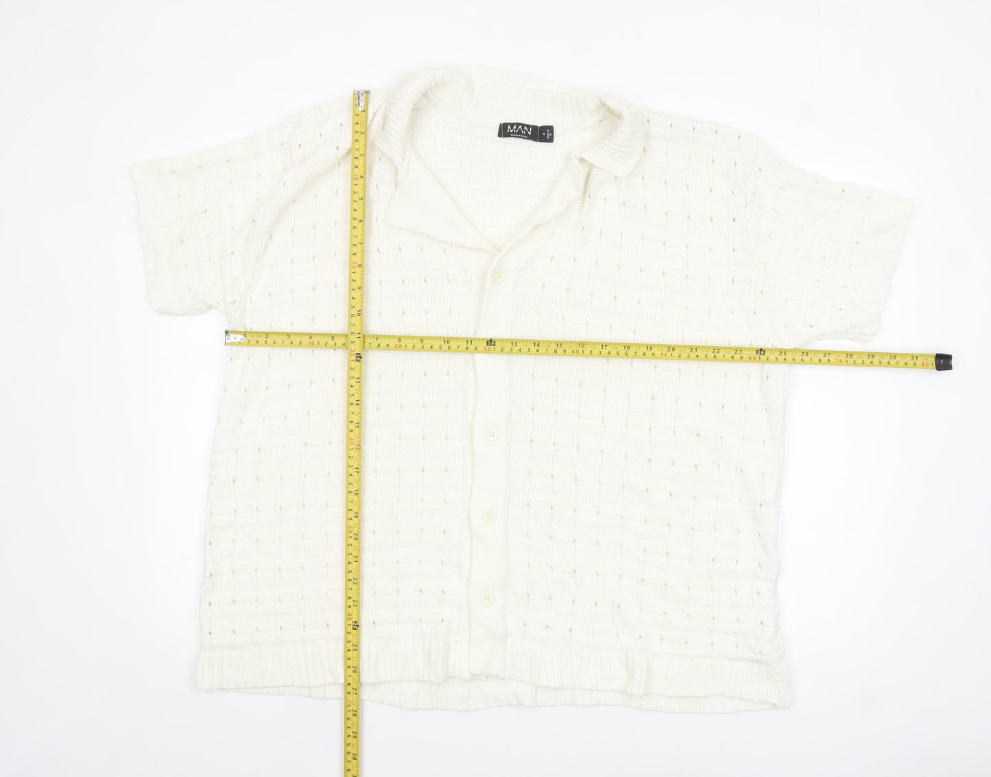 boohooMAN Men’s Ivory Short Sleeve Collared Knit Cardigan M