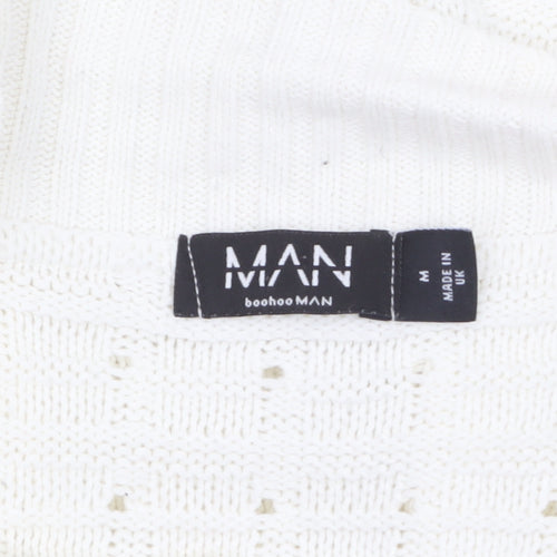 boohooMAN Men’s Ivory Short Sleeve Collared Knit Cardigan M