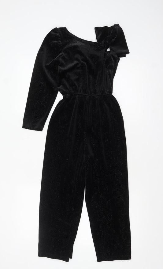 Zara Girls Black Velvet One Shoulder Long Sleeve Jumpsuit 9 Years