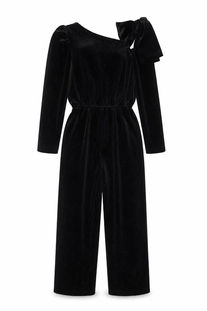 Front view of Zara girls’ black velvet one shoulder long sleeve jumpsuit 9 years