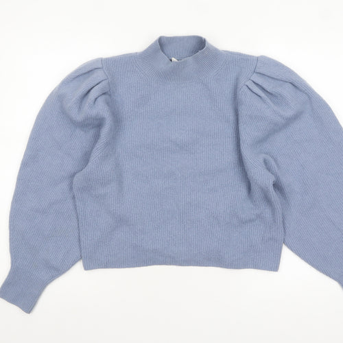 & Other Stories Women Blue Puff Sleeve Mock Neck Wool Jumper Size 10
