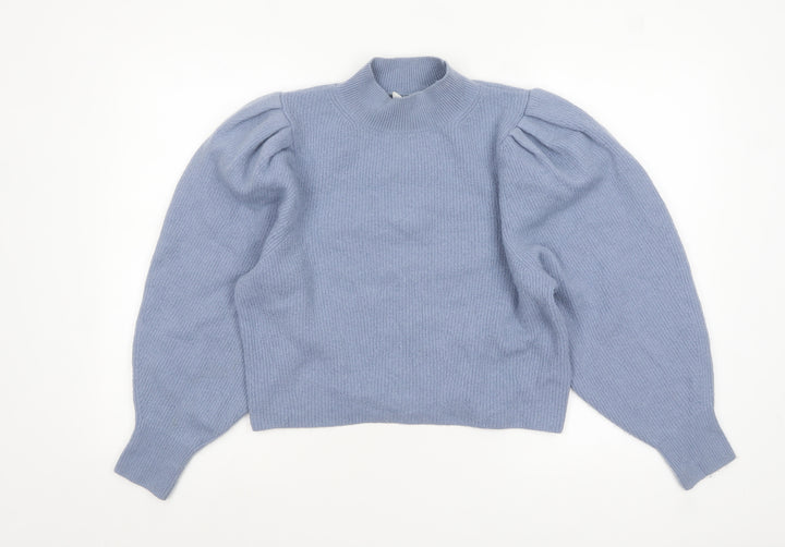 & Other Stories Women Blue Puff Sleeve Mock Neck Wool Jumper Size 10