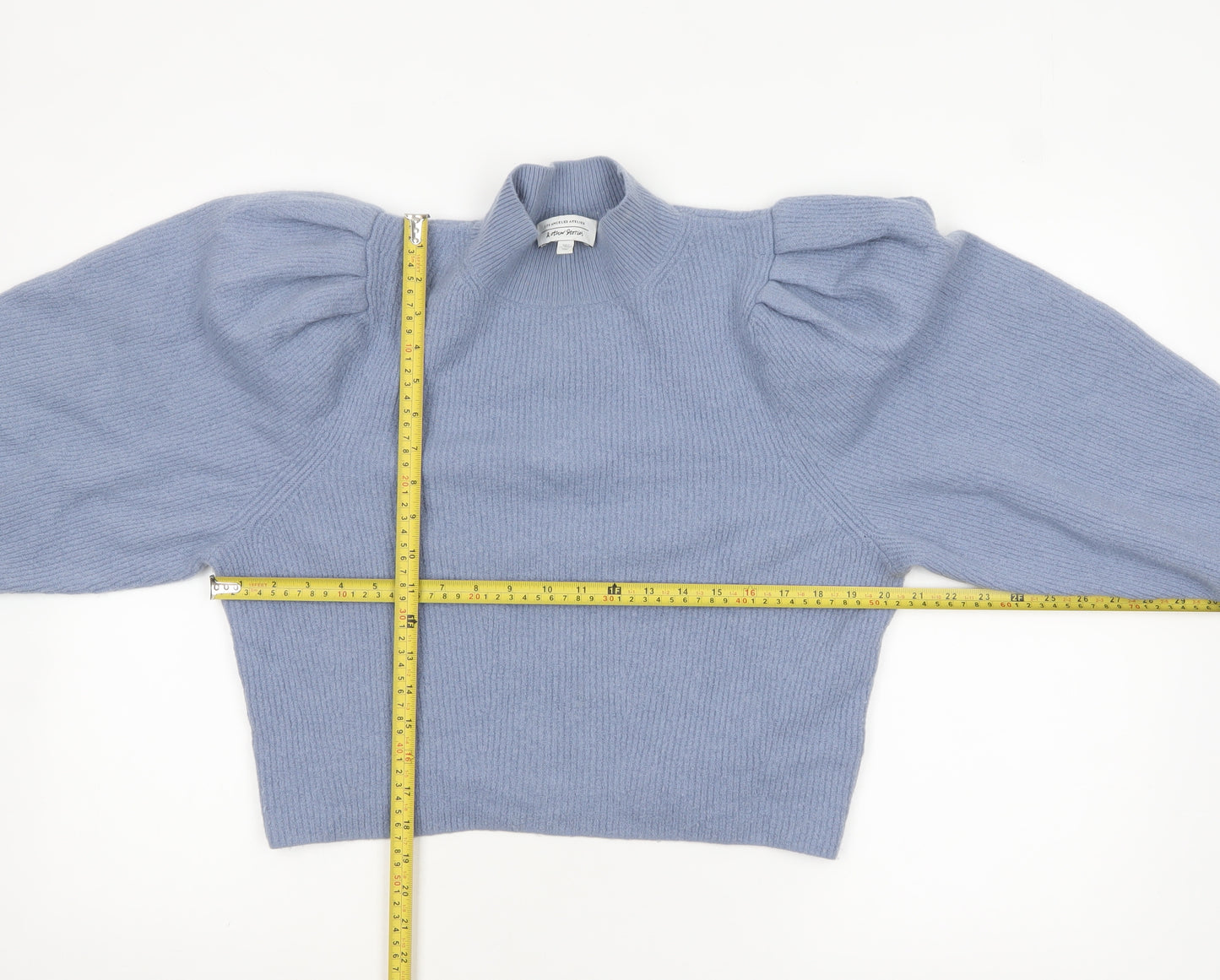 & Other Stories Women Blue Puff Sleeve Mock Neck Wool Jumper Size 10