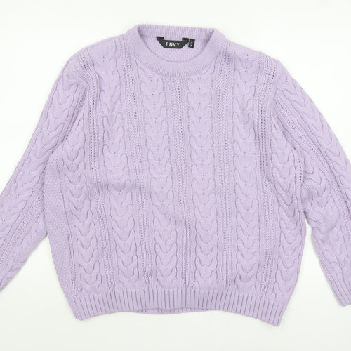 ENVY Women’s Purple Cable-Knit Crew Neck Jumper L Acrylic Knitwear