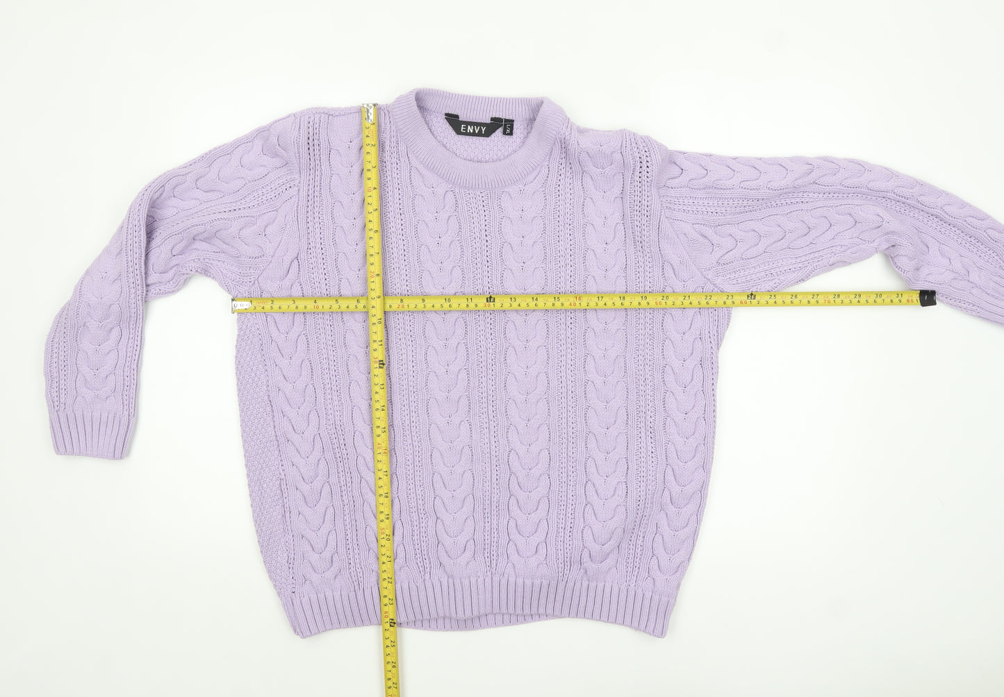 ENVY Women’s Purple Cable-Knit Crew Neck Jumper L Acrylic Knitwear