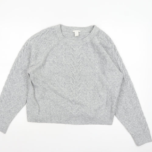 H&M Women Grey Cable-Knit Crew Neck Wool Blend Jumper Size S