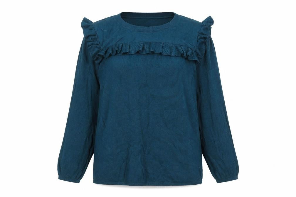Front view of FatFace Women's Blue Ruffle Crew Neck Long Sleeve Jumper, size 14