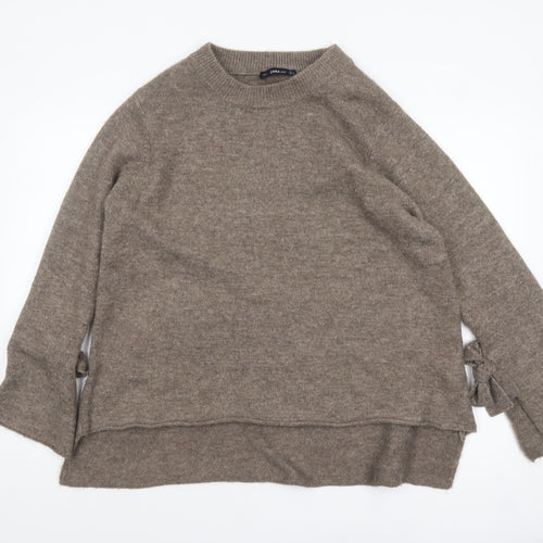 Zara Women Beige Knit Pullover Jumper Size 8 Crew Neck Bow Detail