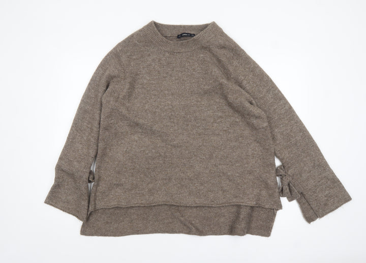 Zara Women Beige Knit Pullover Jumper Size 8 Crew Neck Bow Detail