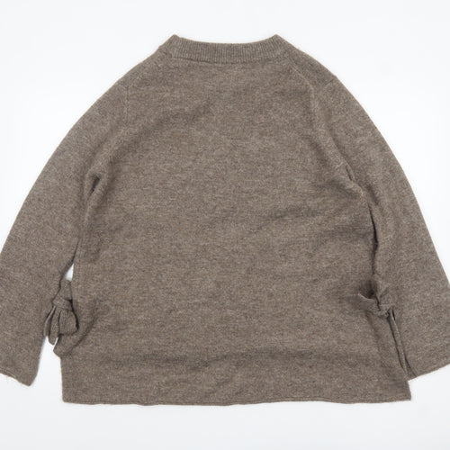 Zara Women Beige Knit Pullover Jumper Size 8 Crew Neck Bow Detail