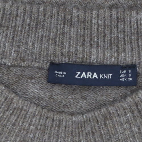 Zara Women Beige Knit Pullover Jumper Size 8 Crew Neck Bow Detail