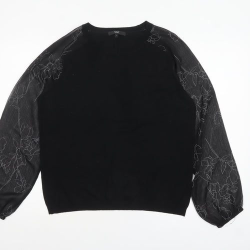 Next Womens Black Floral Sheer Puff Sleeve Pullover Jumper Size 16