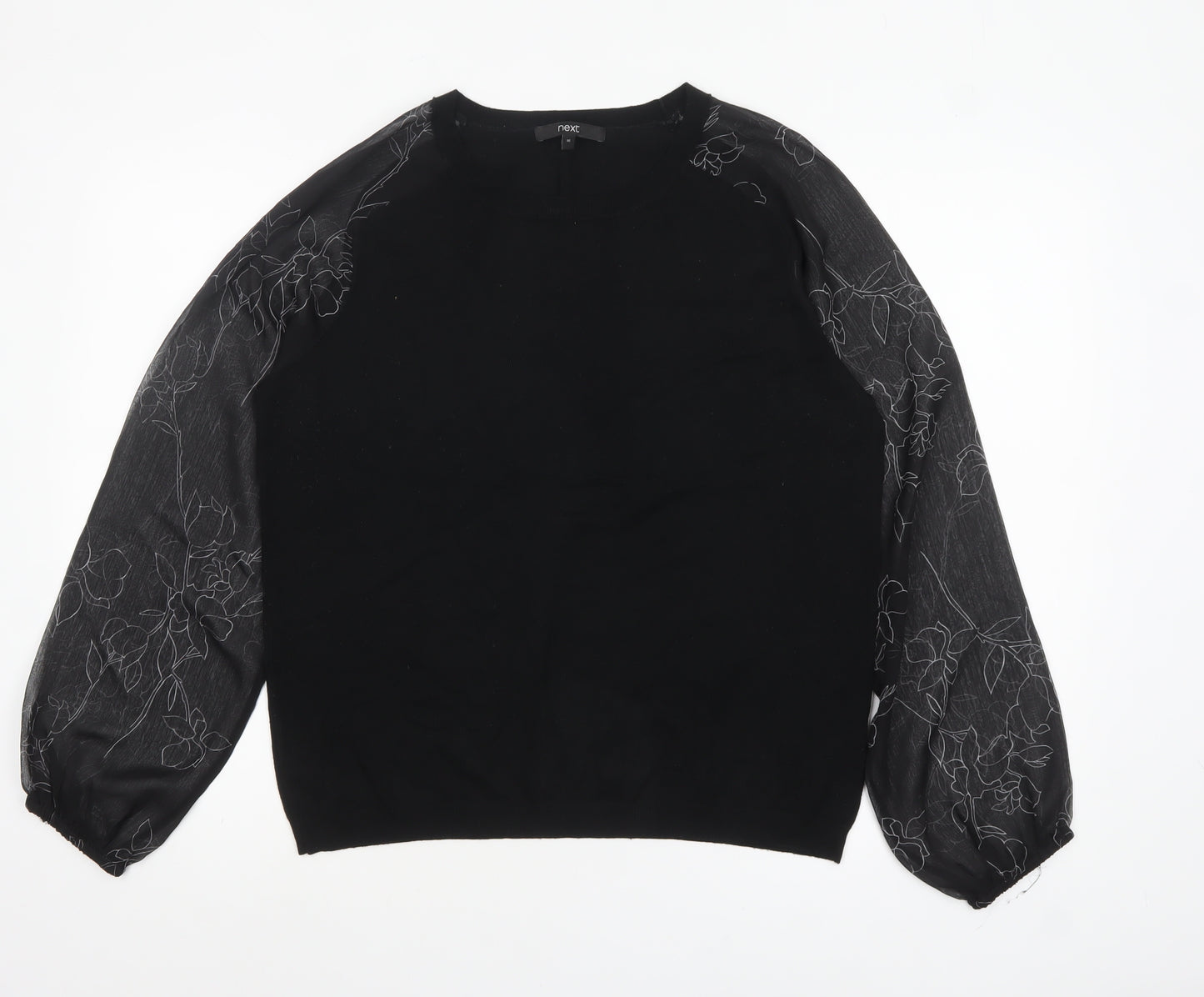 Next Womens Black Floral Sheer Puff Sleeve Pullover Jumper Size 16