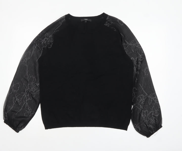 Next Womens Black Floral Sheer Puff Sleeve Pullover Jumper Size 16