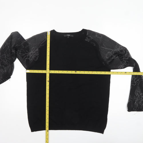 Next Womens Black Floral Sheer Puff Sleeve Pullover Jumper Size 16