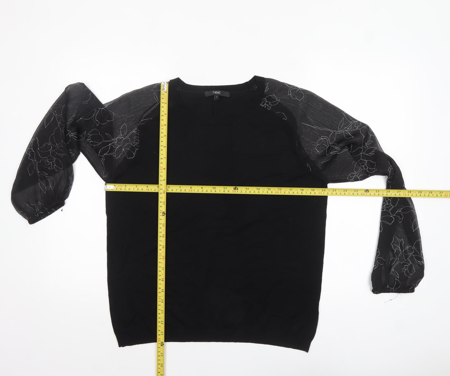 Next Womens Black Floral Sheer Puff Sleeve Pullover Jumper Size 16