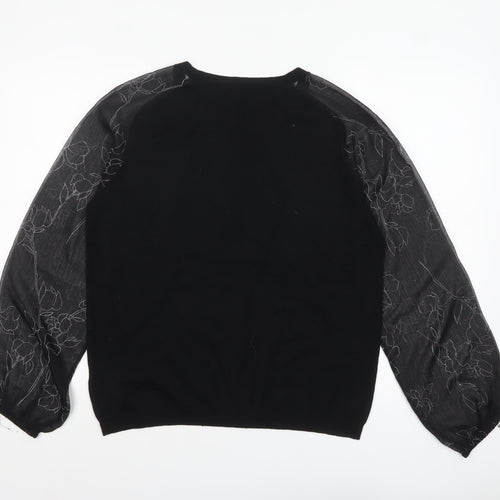 Next Womens Black Floral Sheer Puff Sleeve Pullover Jumper Size 16