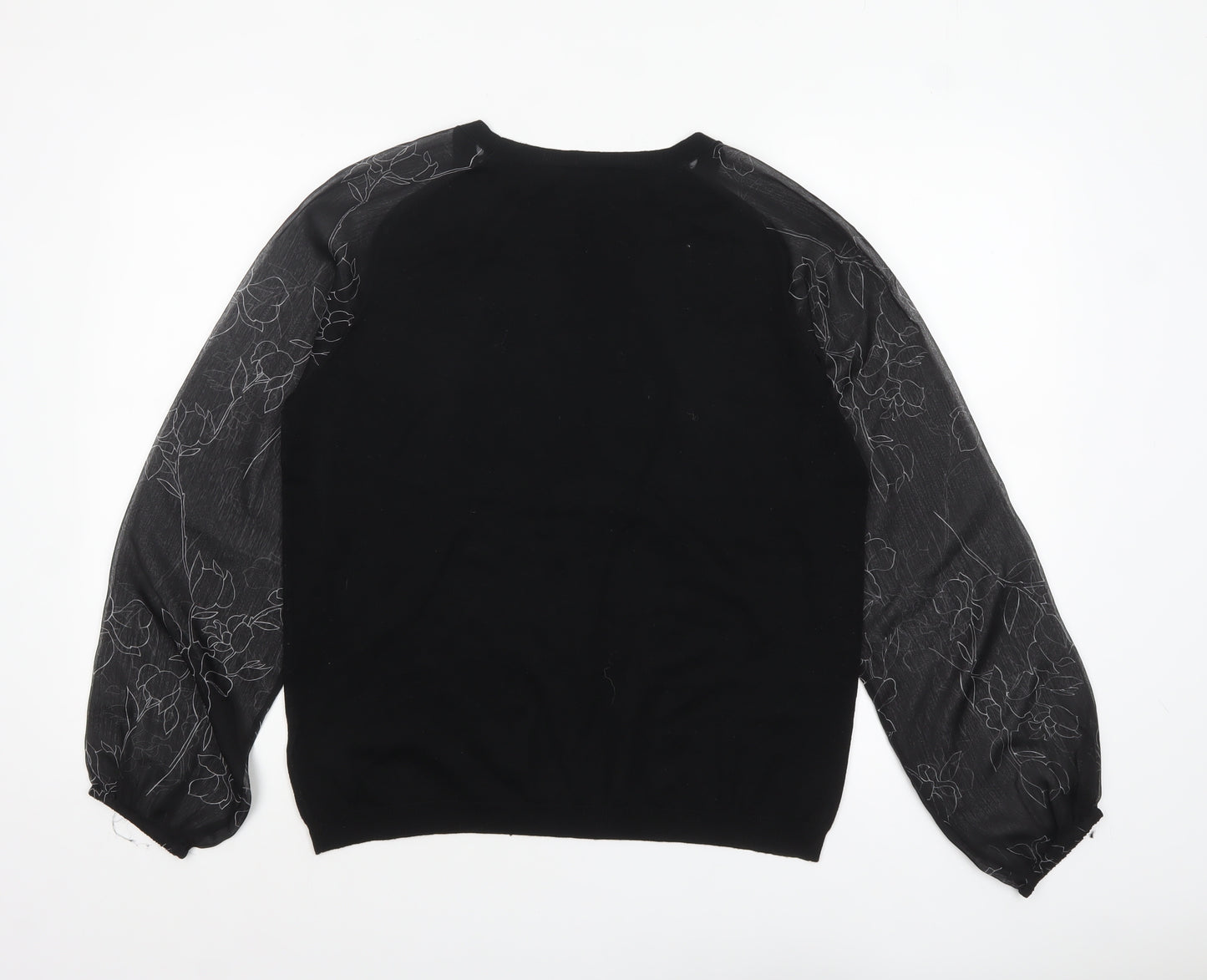 Next Womens Black Floral Sheer Puff Sleeve Pullover Jumper Size 16