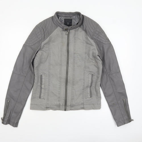 Guess Women's Grey XS Biker Jacket Faux Leather Zip Pockets