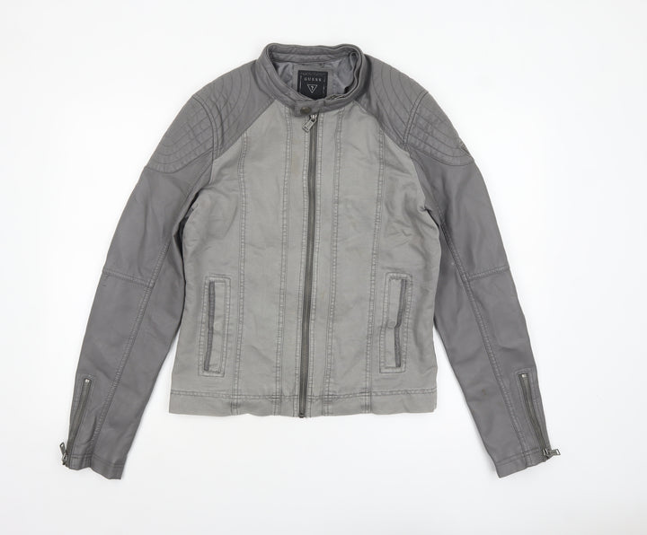Guess Women's Grey XS Biker Jacket Faux Leather Zip Pockets