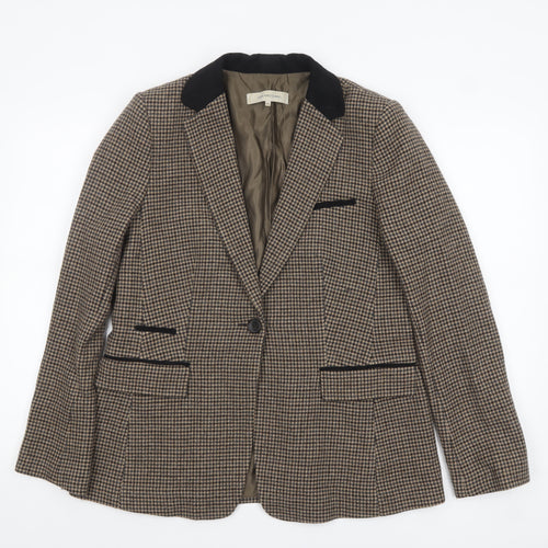 Gerard Darel Women Brown Houndstooth Wool Blend Single-Breasted Blazer UK 14