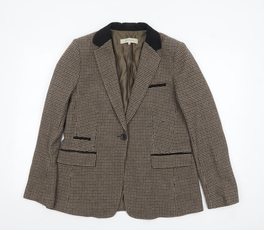Gerard Darel Women Brown Houndstooth Wool Blend Single-Breasted Blazer UK 14