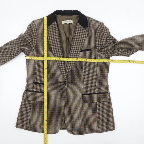 Gerard Darel Women Brown Houndstooth Wool Blend Single-Breasted Blazer UK 14