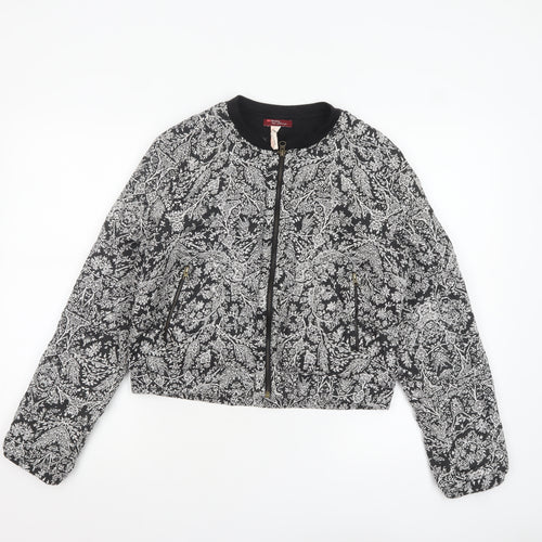 Bershka Women's Black Floral Bomber Jacket L Cropped Zip Casual